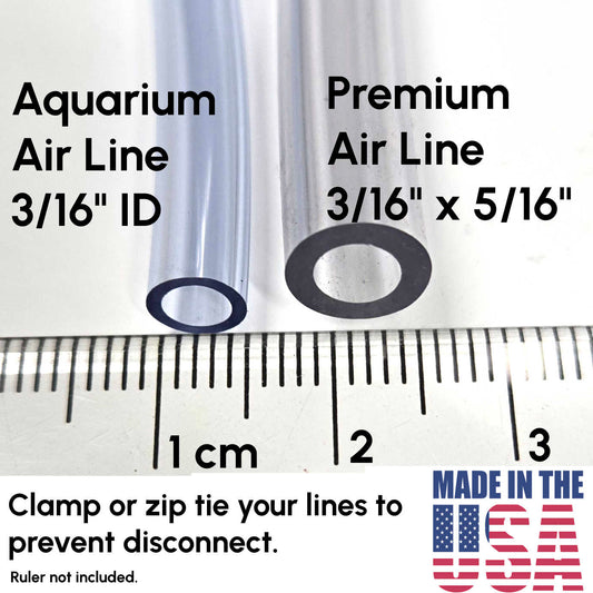 Shows the difference in size between our standard Aquarium Air Line and our Premium Air Line. Both are 3/16" inside diameter. Use clamps or zip ties on your air line to prevent disconnects.