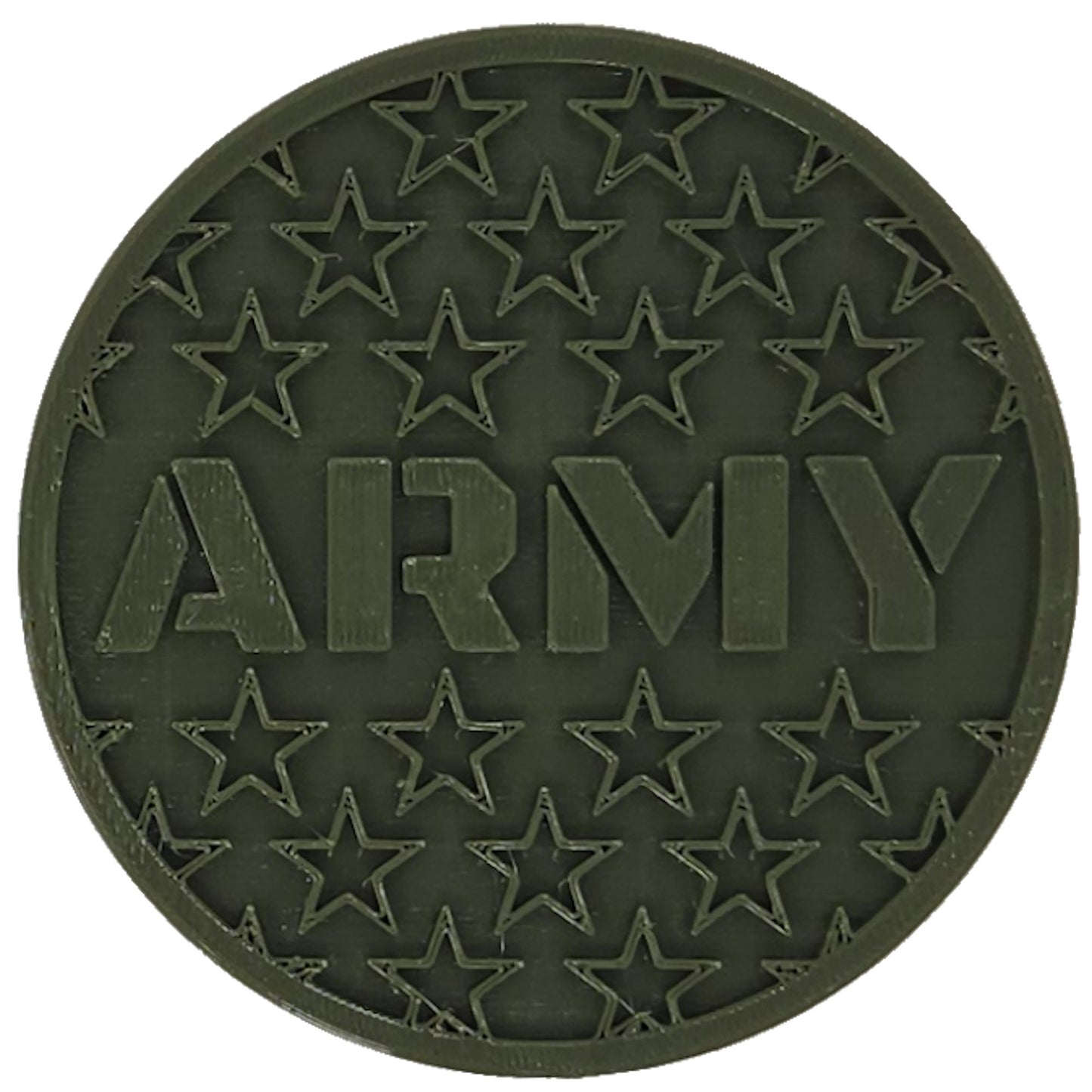 Army Coaster. Made in USA with green PETG plastic. Army centered in all caps, surrounded by stars. Empty space is heavily recessed to capture condensation.