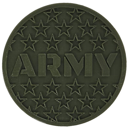 Army Coaster. Made in USA with green PETG plastic. Army centered in all caps, surrounded by stars. Empty space is heavily recessed to capture condensation.