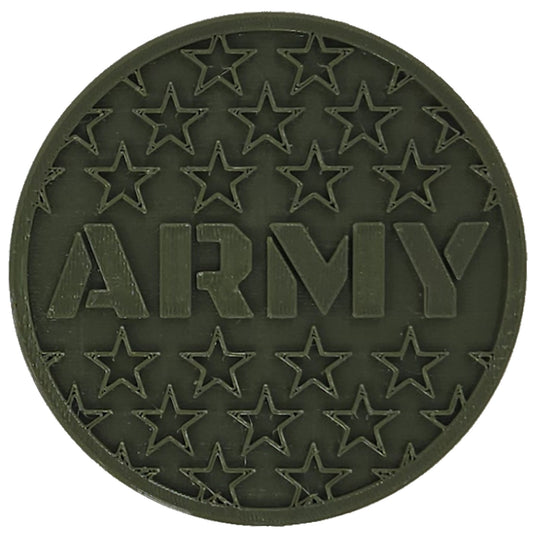 Army Coaster. Made in USA with green PETG plastic. Army centered in all caps, surrounded by stars. Empty space is heavily recessed to capture condensation.
