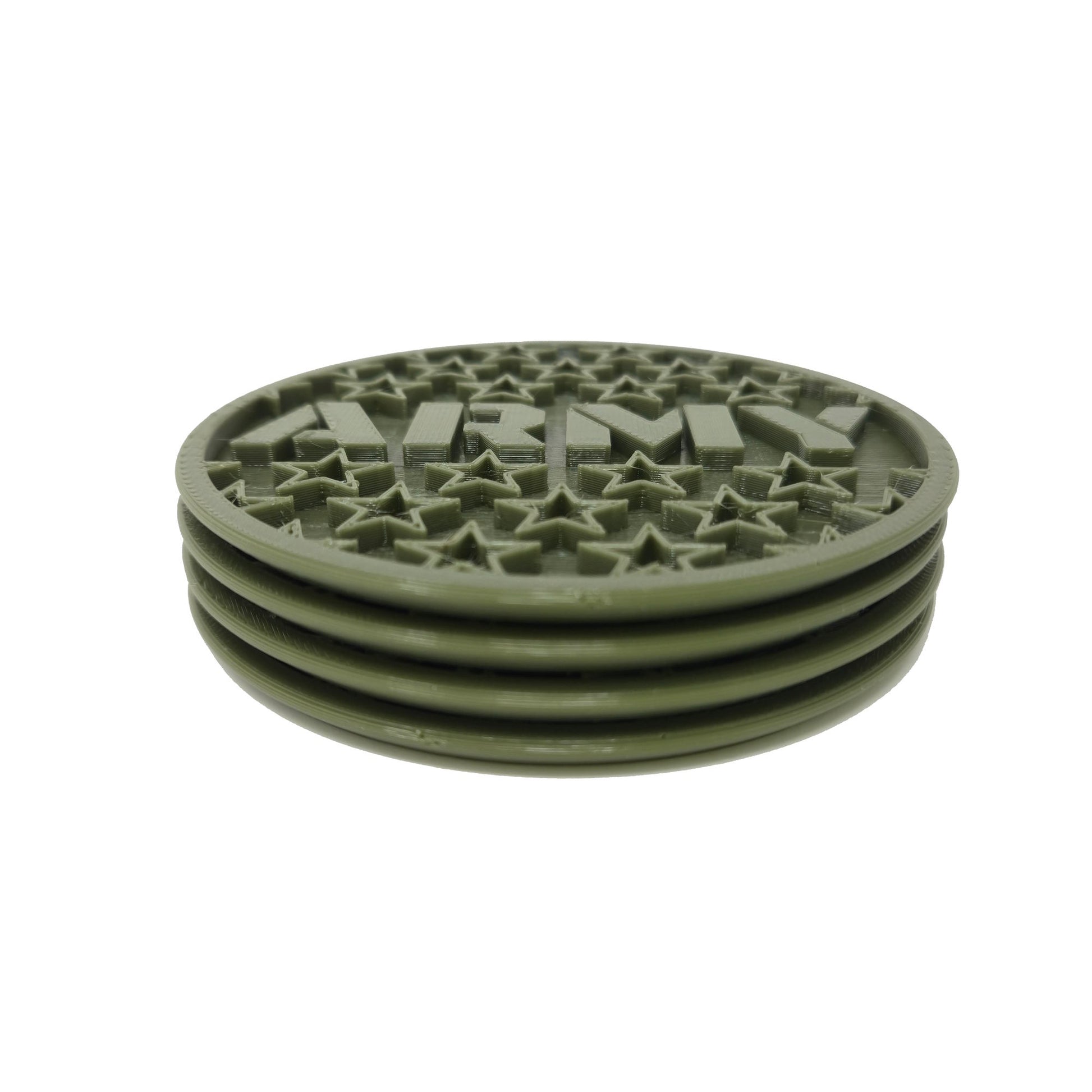 Stack of 4 Army Coasters viewed from the side.